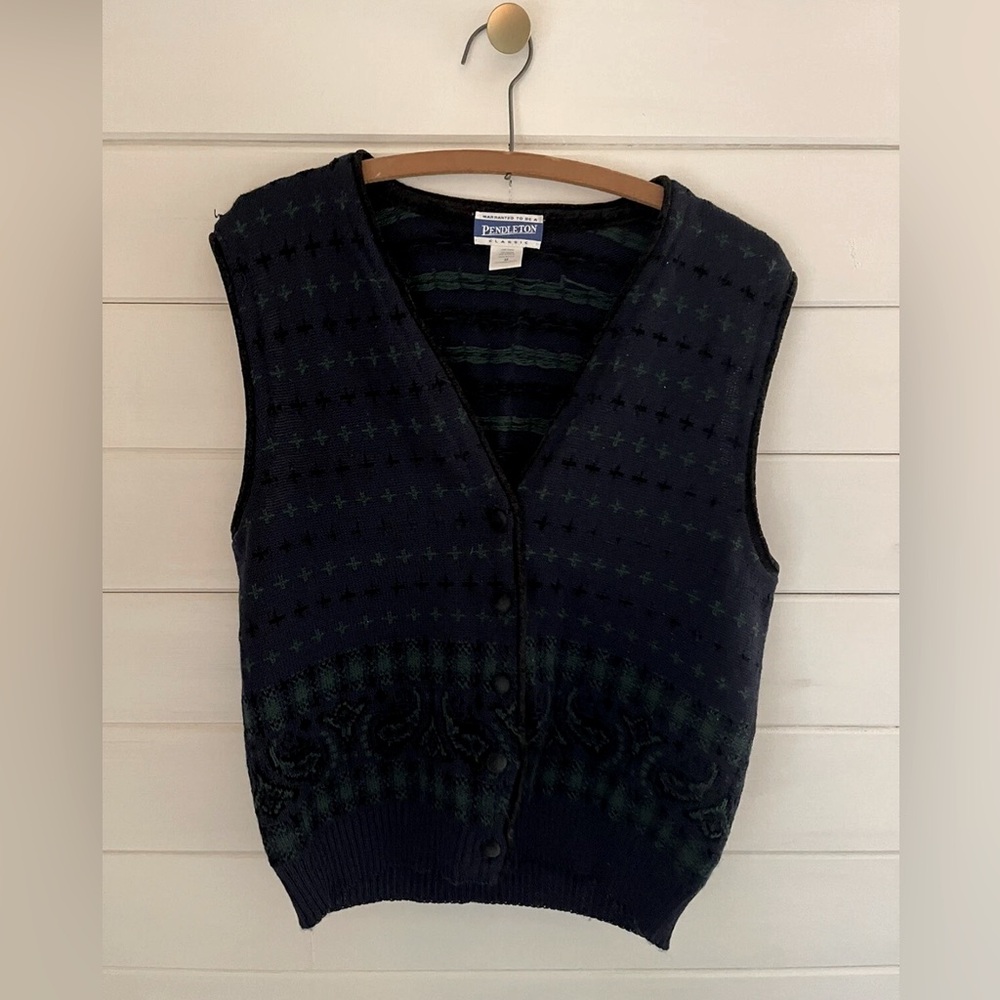 VTG PENDELTON Wool Blend Button Sweater Vest Women MEDIUM Navy Green Preppy USA